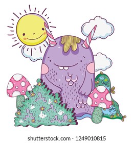 monster creature in the bushes with sun and clouds