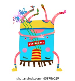 Monster creature upside down with flowers colorful design. Happy congratulating creature with bunch of flowers. Vector illustration.