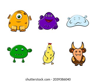 Monster creature vector cartoon characters set isolated on white colorful icons mutant mascot