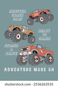 Monster Crush race truck and isolated collection with typography background for kids t-shirt vector illustration graphics.