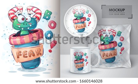 Monster with cup poster and merchandising. Vector eps 10