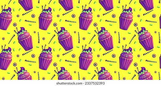 Monster cupcake seamless pattern for Halloween. Vector. can be used to create spooky and fun designs for Halloween-themed decorations, party invitations, treat bags
