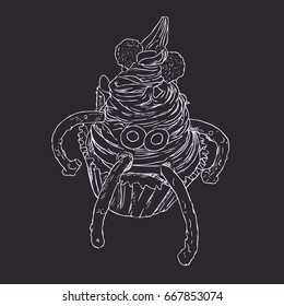 Monster cupcake, spooky for halloween. sketch vector.