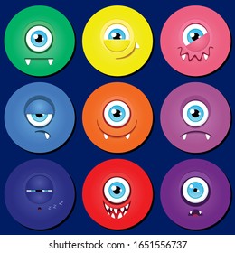 Tapa de quequitos de monstruo. Conjunto de 9 cuentagotas con ilustraciones de graciosos ojos monstruo. Vector 8 EPS.