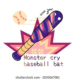 monster cute baseball bat. the ball hits the monster baseball bat that makes the sound "BONK" and then she cries. baseball bat monster comprises colorful hairs, eyes and Bat Grips on bomb background.