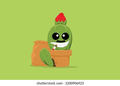 monster cute cactus with cigarette fort sticker and mascot