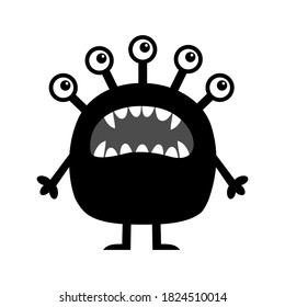 Monster. Cute cartoon kawaii funny baby character. Screaming face, head. Many eyes, fang teeth. Black silhouette. Tshirt greeting card, sticker print. Flat design. White background. Isolated. Vector