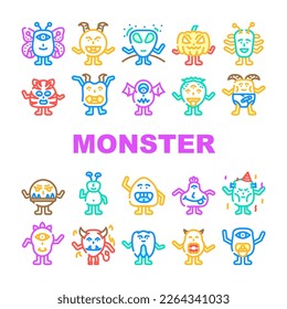 monster cute character icons set vector. funny happy alien, animal halloween, fun baby, comic colorful party, humor kid face monster cute character color line illustrations