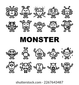 monster cute character icons set vector. funny happy alien, animal halloween, fun baby, comic colorful party, humor kid face monster cute character black contour illustrations
