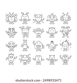 monster cute character icons set vector. funny happy alien, animal halloween, fun baby, comic colorful party, humor kid face monster cute character black contour illustrations