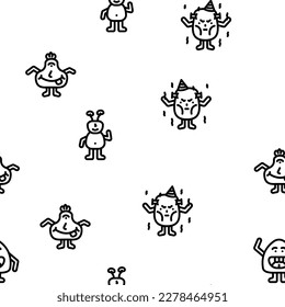 monster cute character vector seamless pattern thin line illustration