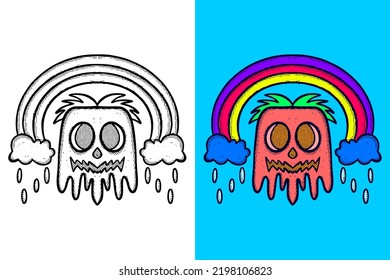 Monster cute with cloud rainbow Illustration hand drawn cartoon vintage style vector