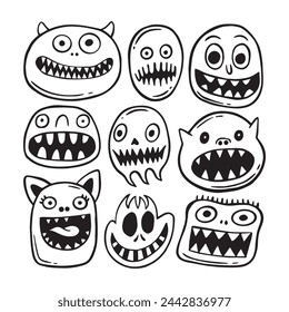 monster cute doodle collection set hand drawn black and white premium vector
