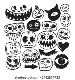 monster cute doodle collection set hand drawn black and white premium vector