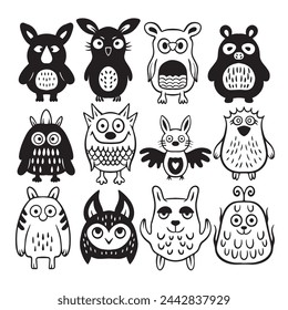 Monstruo lindo doodle conjunto dibujado a mano negro y blanco premium vector