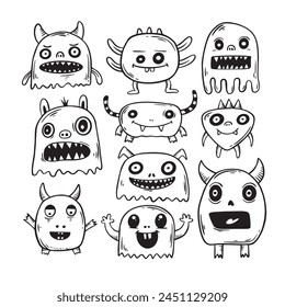 monster cute doodle collection set hand drawn black and white

