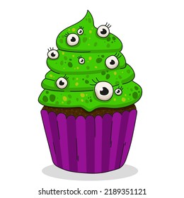 Monster Cute Halloween green and violet Cupcake on a white background. Isolated from background vector illustration