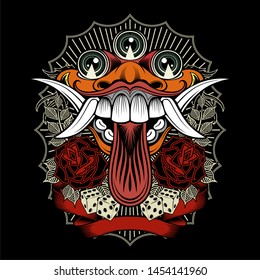 monster demon with rose and dice,.vector hand drawing,Shirt designs, biker, disk jockey, gentleman, barber and many others.isolated and easy to edit. Vector Illustration - Vector