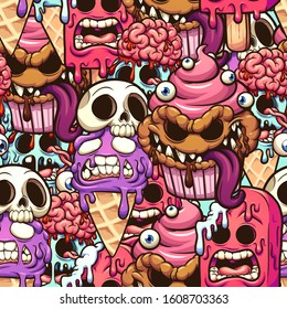 Monster desserts seamless pattern cartoon. Vector clip art illustration with simple gradients. Some elements on separate layers.
