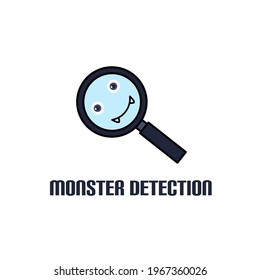 Monster detection logo design vector. Magnifying glass and monster face. Symbol of bug and virus detector on device