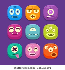 Monster with different emotions Web Icons, Colourful Vector Illustration Set