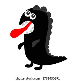 Monster dino black silhouette. Happy Halloween. Cute kawaii cartoon scary funny character icon. Eyes, tongue, teeth. Funny baby collection. White background. Isolated. Flat design. Vector