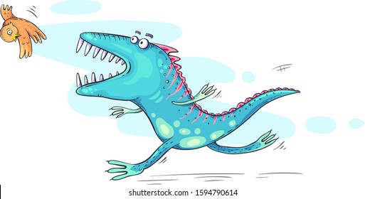 Monster or dinosaur catching a bird, cartoon illustration