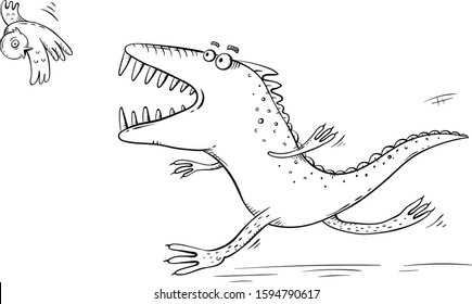 Monster or dinosaur catching a bird, outline cartoon illustration