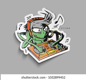 Monster dj beard mixing music on the turntables. stiker Vector Illustration.