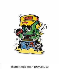 Monster dj beard mixing music on the turntables. stiker Vector Illustration.