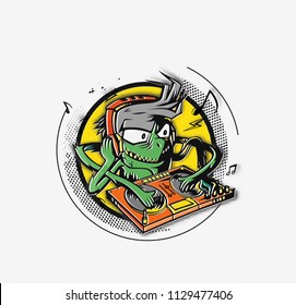 Monster dj beard mixing music on the turntables. stiker Vector Illustration.