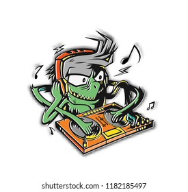 Monster dj beard mixing music on the turntables. stiker Vector Illustration.