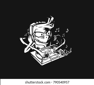 Monster dj beard mixing music on the turntables. Vector Illustration.