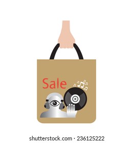 monster DJ holding vinyl record on shopping bag, music shopping concept.  Flat design.Vector EPS 10