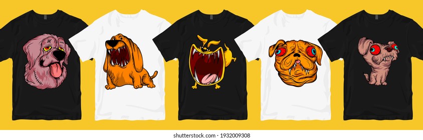 Monster perro caricatura animal paquete de diseño de camisetas. Diseño de camisetas de moda. Dibujo vectorial de dibujos animados de perros