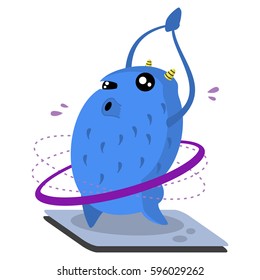 Monster doing yoga exercise with hula hoop. Cute vector cartoon character isolated on a white background.