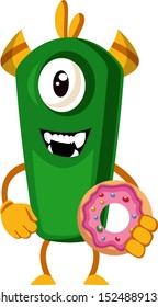 Monstro com rosquinha, ilustração, vetor sobre fundo branco.