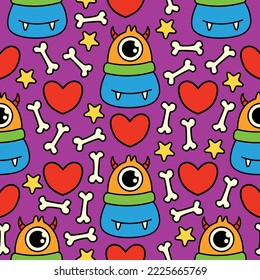 Diseño de patrones de ilustración de caricaturas de doodle de monstruo