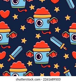 Diseño de patrones de ilustración de caricaturas de doodle de monstruo