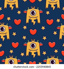 Diseño de ilustración de patrones de dibujos animados monster doodle