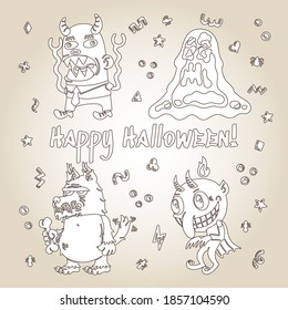 Monster Doodle Character set for Coloring Book. Handdrawn illustration with Beast, Slime Slug, Wolf, Devil, small patterns. Mystery, All Saints Day concept for Mystical party, posters, greeting cards
