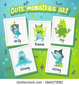 Monster-Doodle-Zeichensatz. Handgezeichnete Vektorgrafik mit Bestie, Wolf, Teufel, Hexe. Mystery, All Saints Day Konzept für Mystische Partei, Plakate, Porträts. Karikatur gruseliger Kreaturen