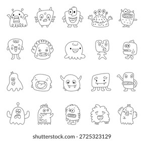 Monster Doodle Charakter-Set zeigt verschiedene schrullige Fantasie Kreaturen mit verschiedenen Emotionen und Posen für Ihre Illustration lustig fremd mutant freundlich und bezaubernd