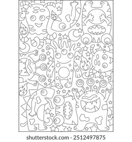 Página del libro para colorear de Monster Doodle Kawaii para niños y adultos Colorear creativamente Actividad de relajación consciente