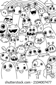 Monster doodle line vector illustration set, colouring page with rainbow, 