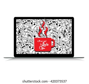 Monster doodle and love and coffee on laptop