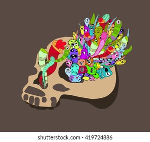 Monster doodle and skull retro