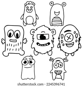 Monster doodles set illustration, monster set doodles for sticker, funny and cutes monster, doodle illustration vector, black and white doodle