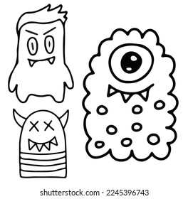 Monster doodles set illustration, monster set doodles for sticker, funny and cutes monster, doodle illustration vector, black and white doodle