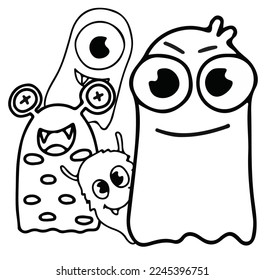 Monster doodles set illustration, monster set doodles for sticker, funny and cutes monster, doodle illustration vector, black and white doodle
